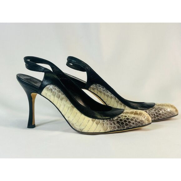 Manolo Blahnik Snakeskin Heels Black Ivory Gray EU 37 1/2/US 7 EUC Strappy - Picture 6 of 13